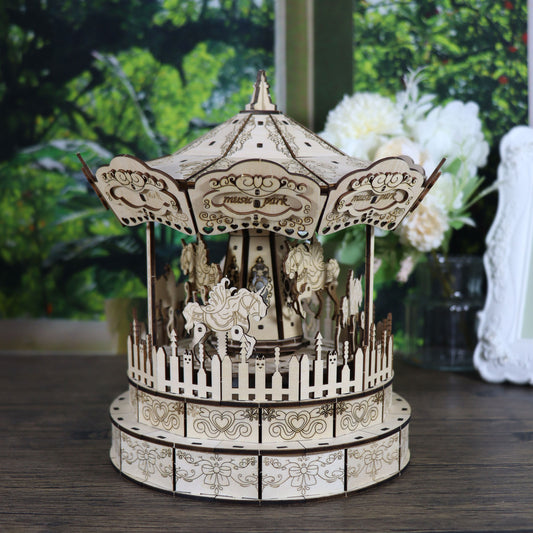 3d Wooden Puzzle Carousel Music Box Handmade Assembly Model Kit Holidays Birthdays Christmas Gifts