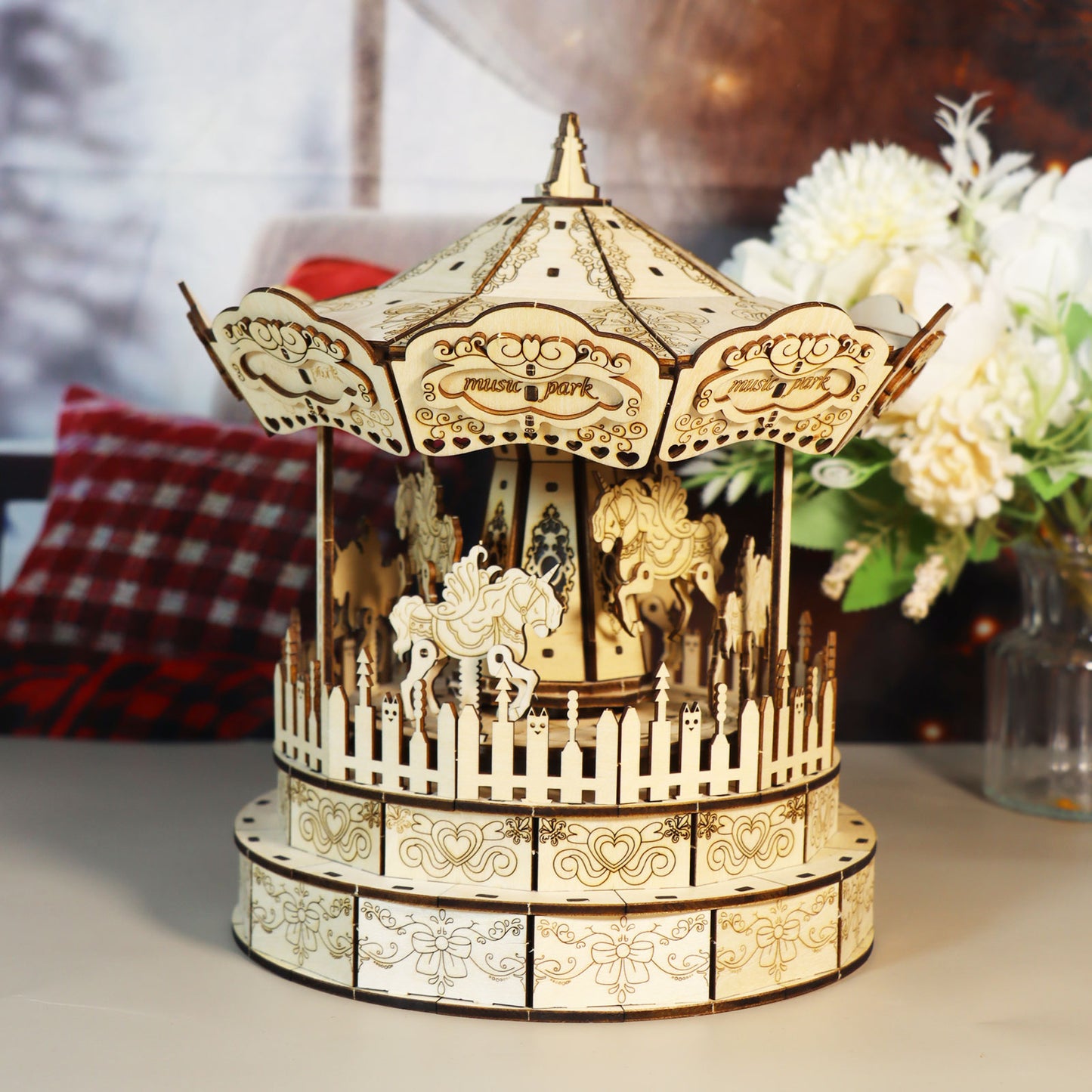 3d Wooden Puzzle Carousel Music Box Handmade Assembly Model Kit Holidays Birthdays Christmas Gifts