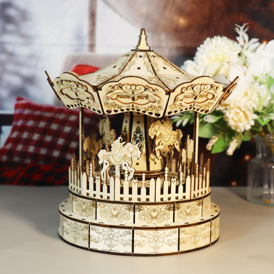 3d Wooden Puzzle Carousel Music Box Handmade Assembly Model Kit Holidays Birthdays Christmas Gifts