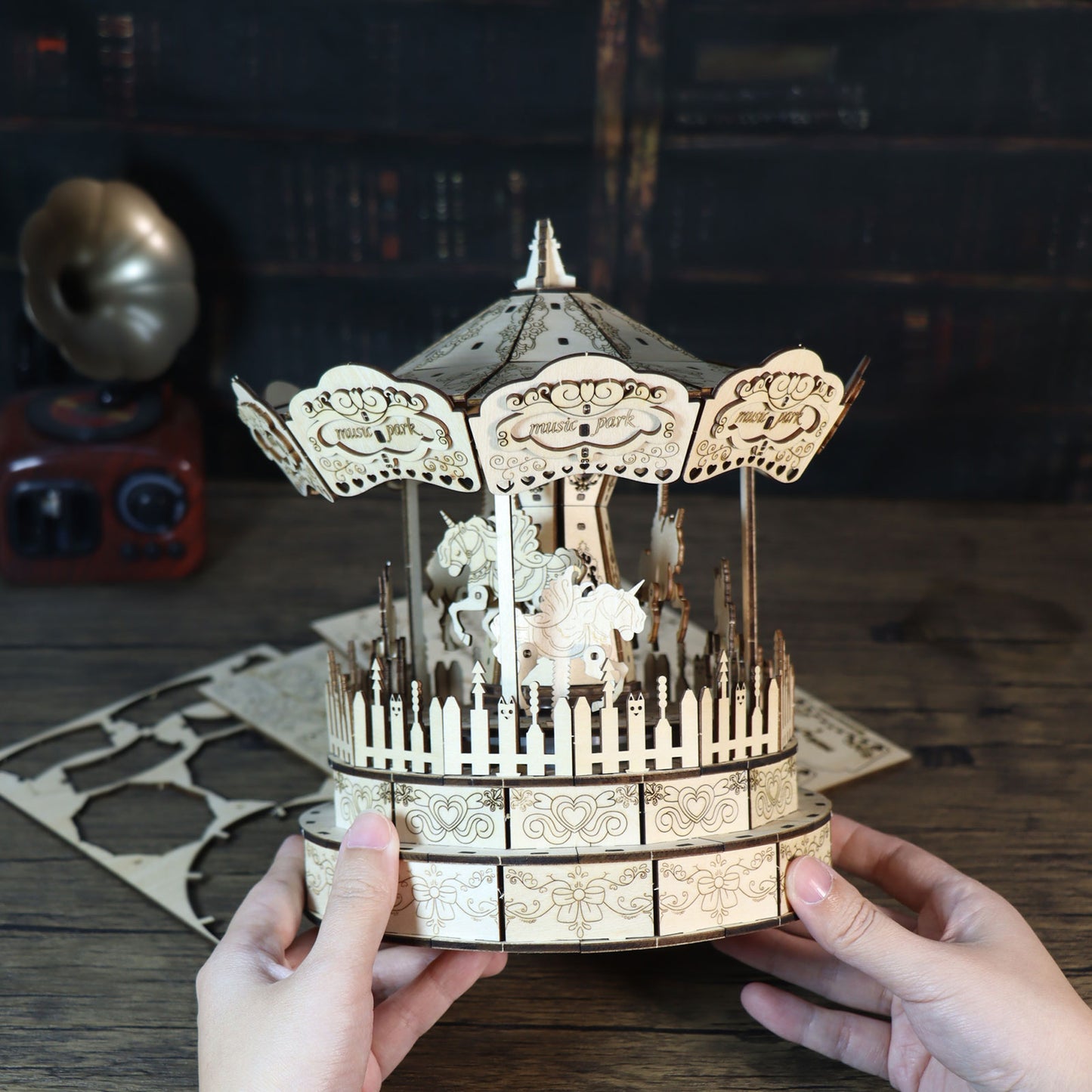 3d Wooden Puzzle Carousel Music Box Handmade Assembly Model Kit Holidays Birthdays Christmas Gifts
